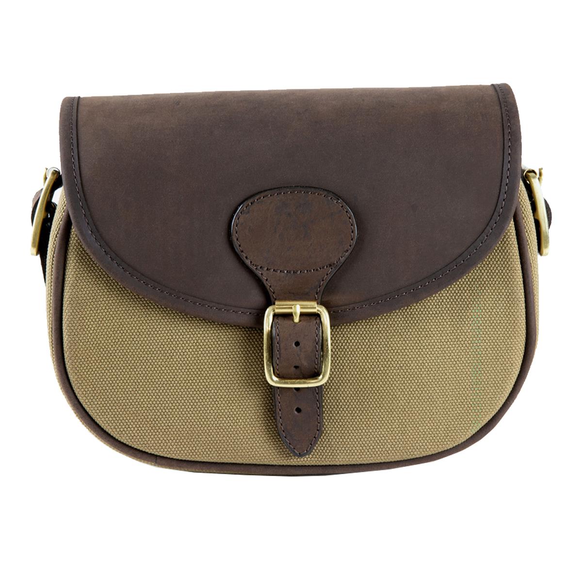 Is the strap of the Teales Huntsman Cartridge Bag canvas or leather, and what's the width?