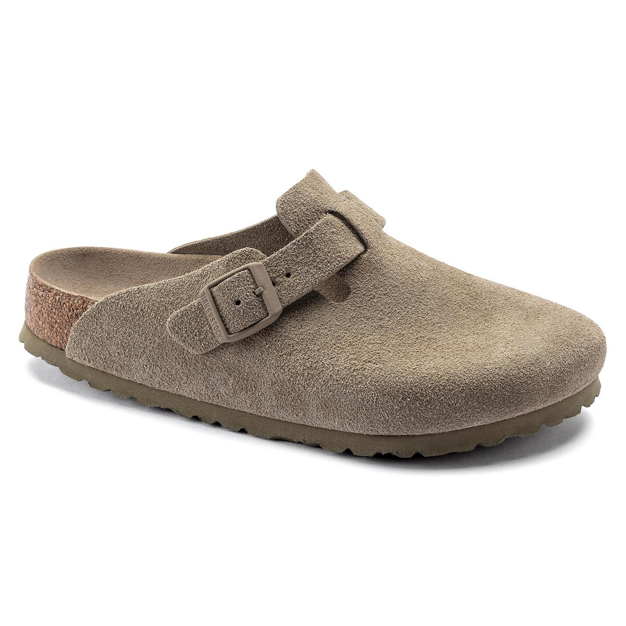 What kind of fastening does the Birkenstock Boston Soft Footbed Suede Leather Clog feature?